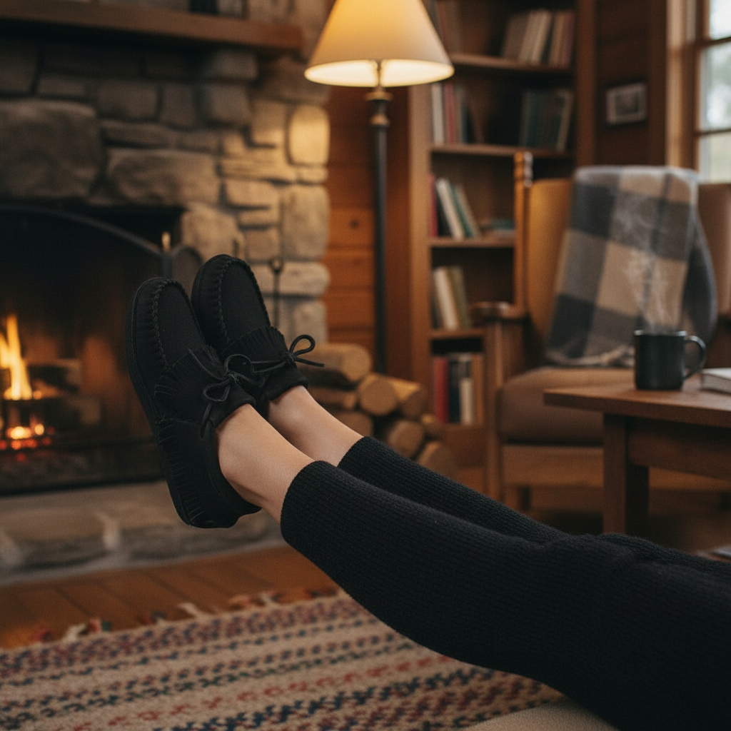 Person wearing black shoes and socks in a cozy living room with a fireplace and bookshelf.