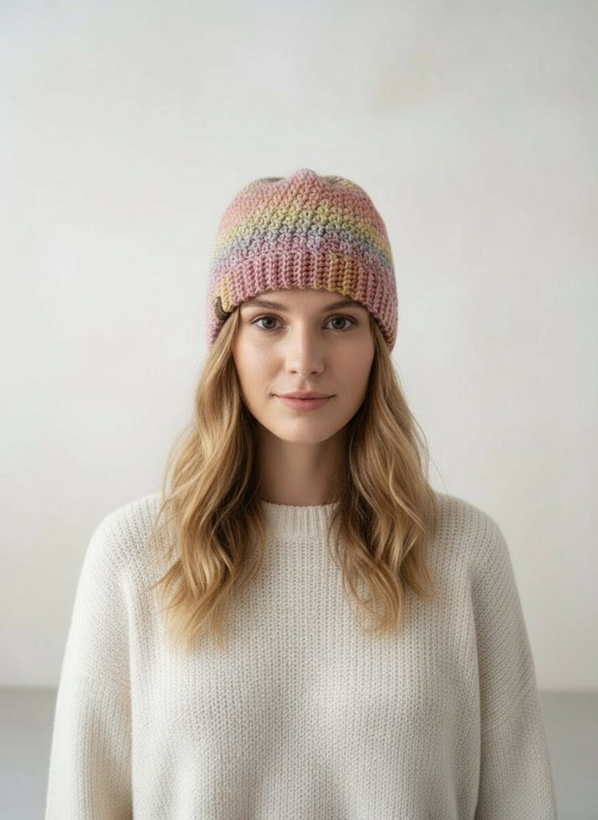 Woman wearing a colorful knit hat with an inset showing the back view.