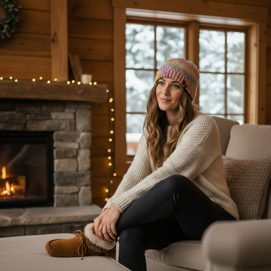 Woman sitting on a couch in a cozy living room with a fireplace and window view.