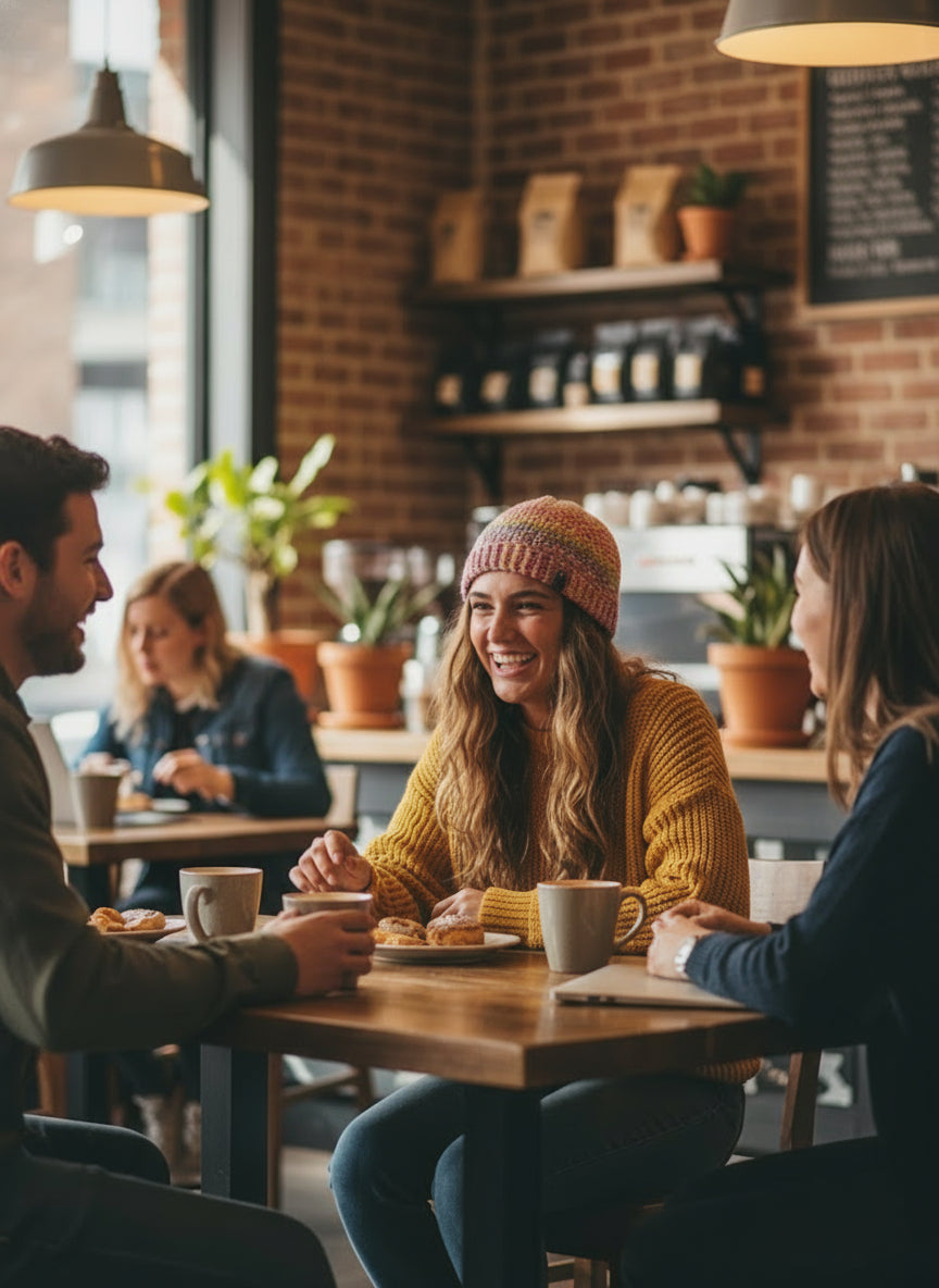 People sitting at a table in a cozy cafe, enjoying coffee and pastries.