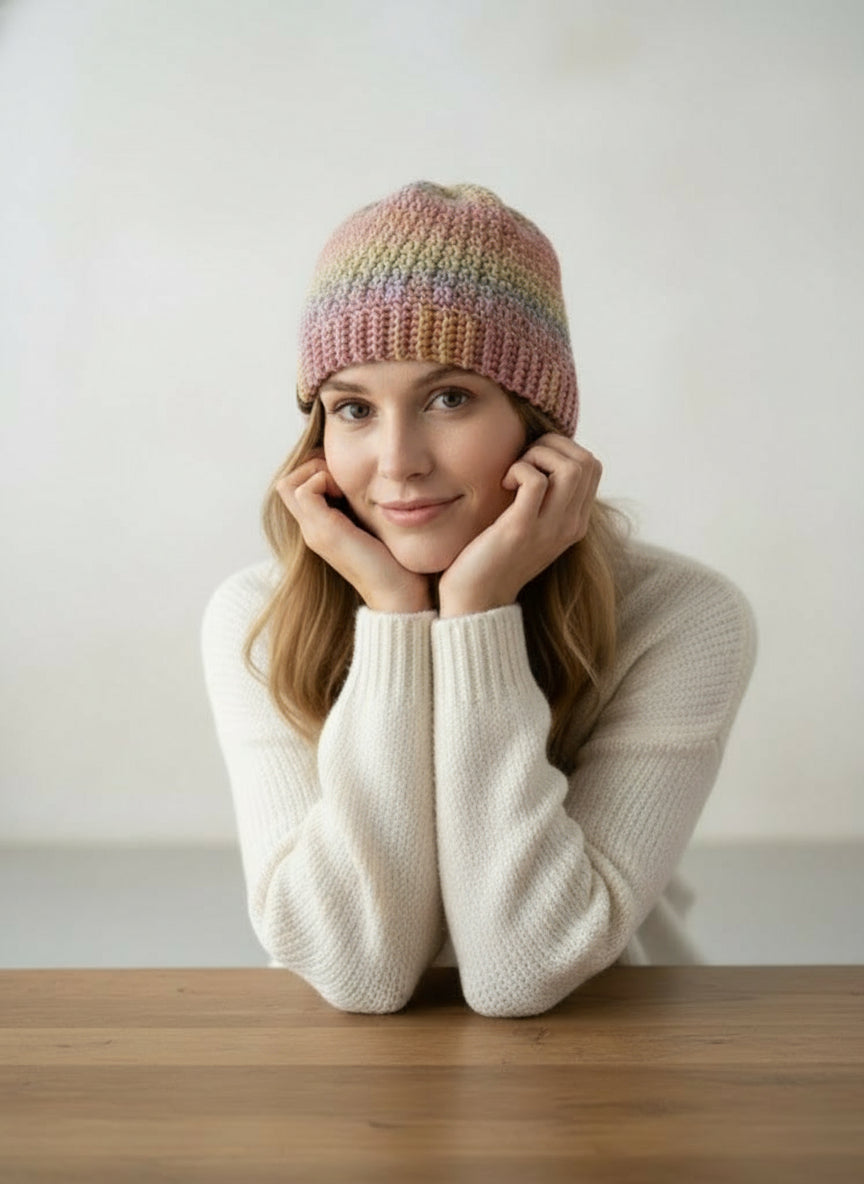 Woman wearing a colorful knit hat and white sweater sitting on a wooden surface.