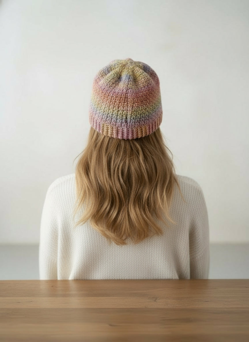 Person wearing a colorful knitted hat sitting at a wooden table with a white background