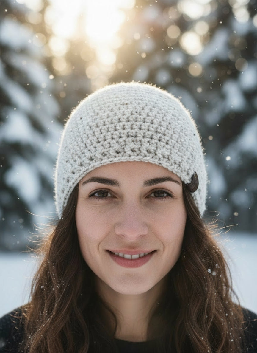 Woman wearing a white knit beanie in a snowy landscape