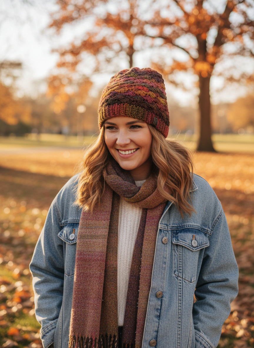 Woman wearing a colorful knit hat and scarf in an autumn park