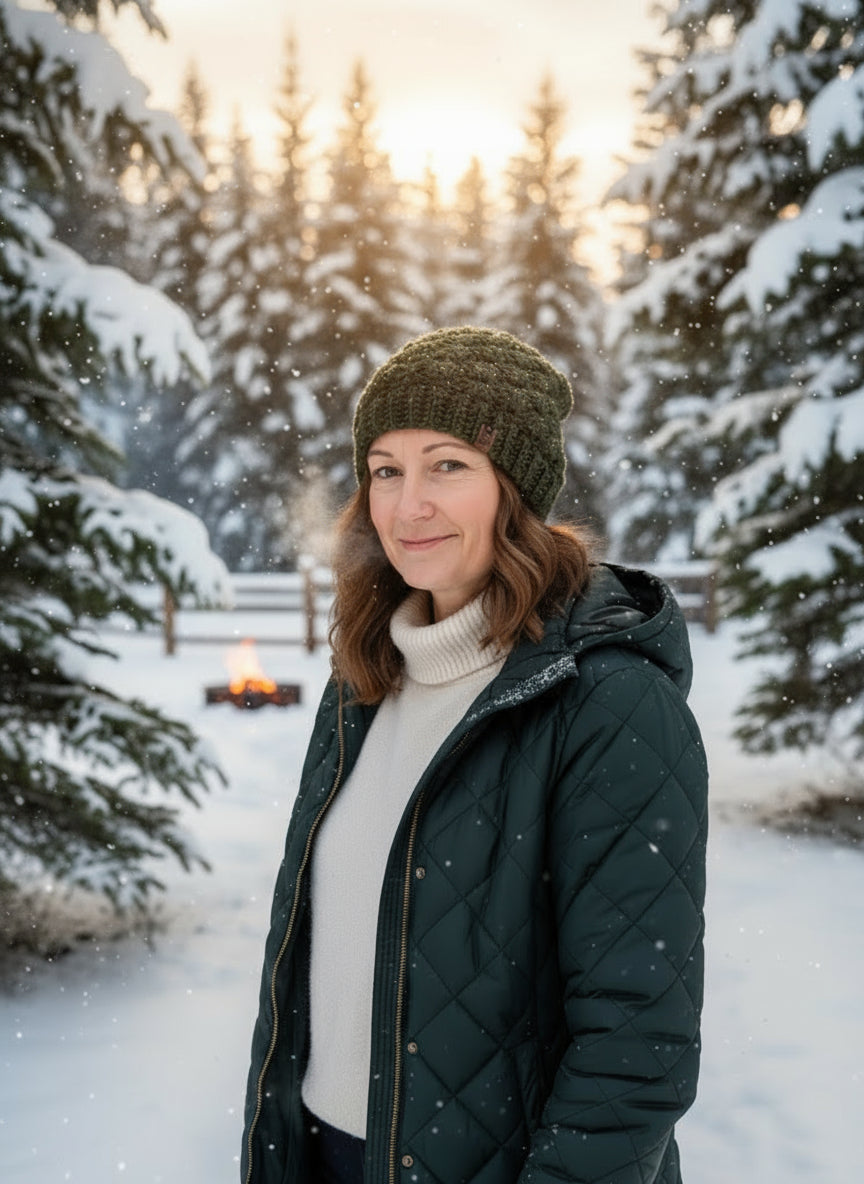 Woman in winter clothing standing in a snowy forest with trees and a fire pit in the background.