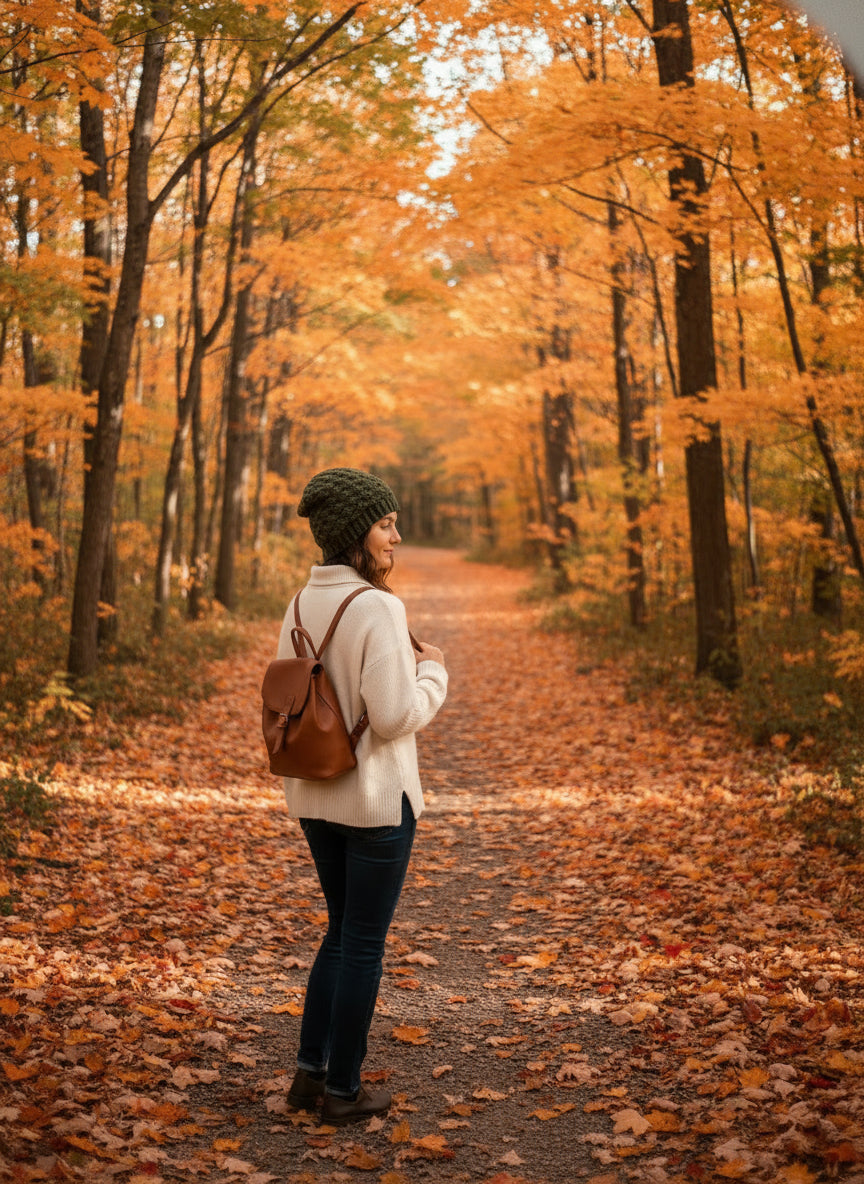 Person walking through a forest with autumn foliage