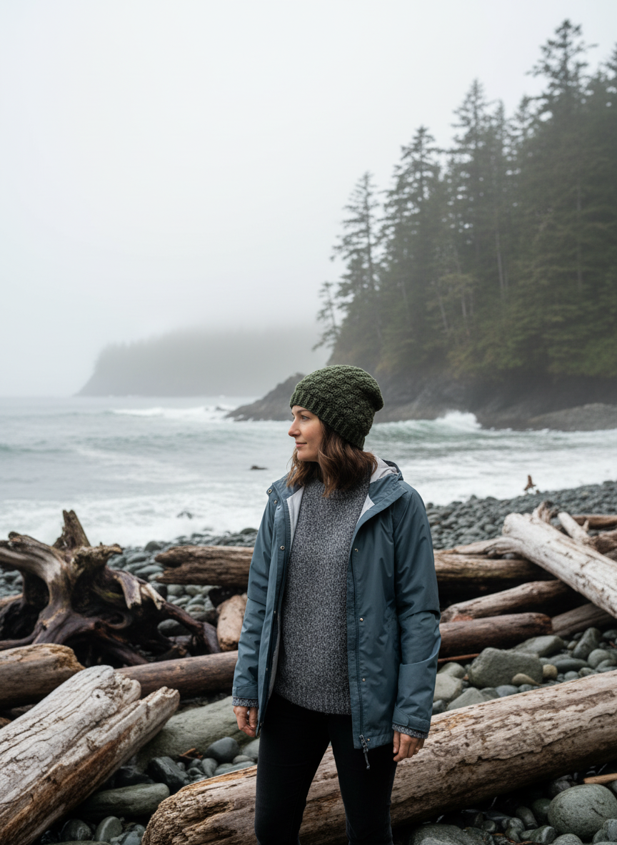 Person standing on a beach with foggy ocean and trees in the background