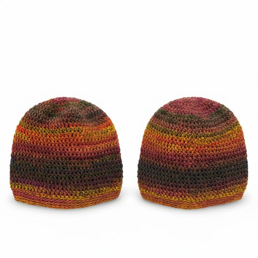 Two striped knit hats on a white background