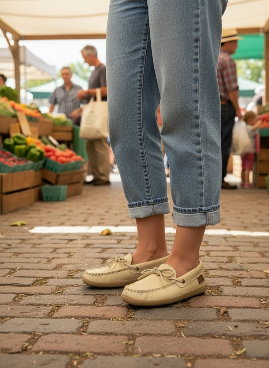 Person wearing beige loafers and rolled-up jeans at a farmers market.