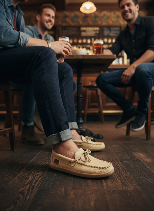 Two men sitting at a bar, with one wearing tan moccasin shoes.