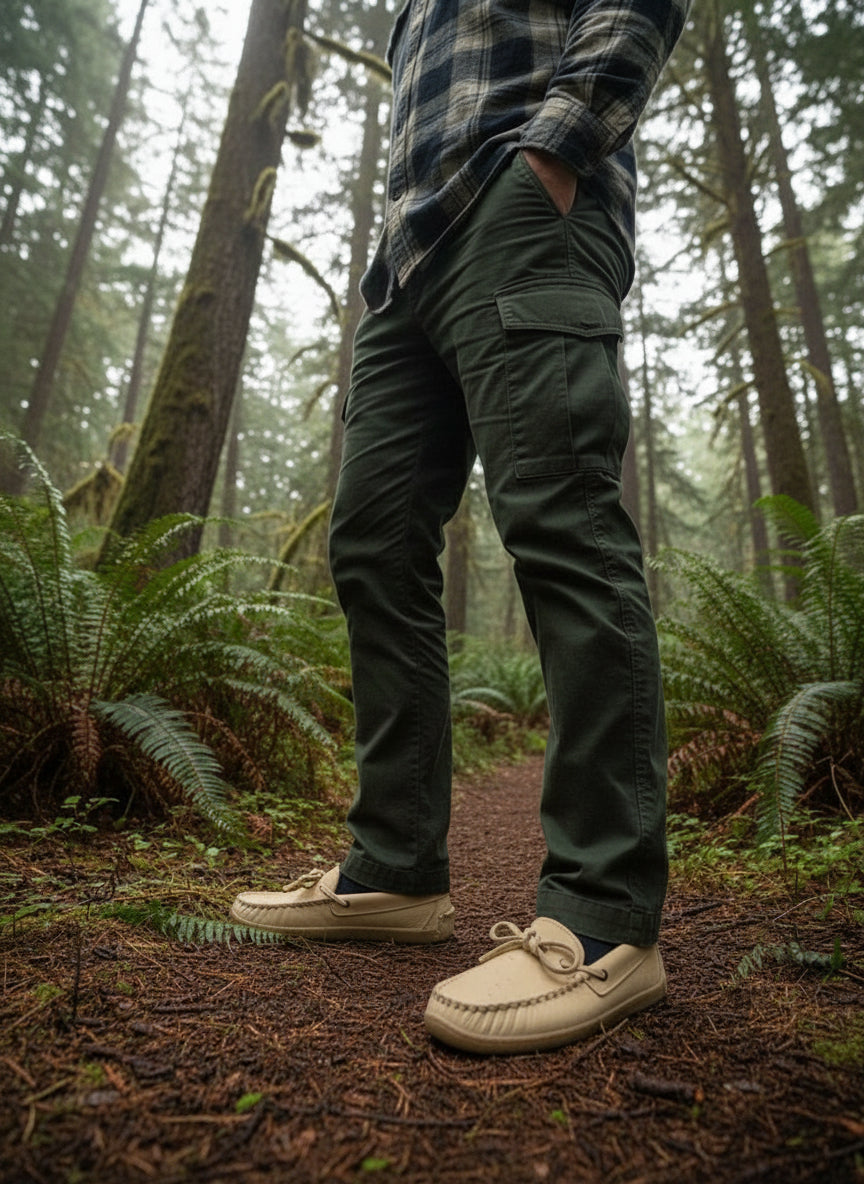 Person wearing green pants and plaid shirt in a forest setting