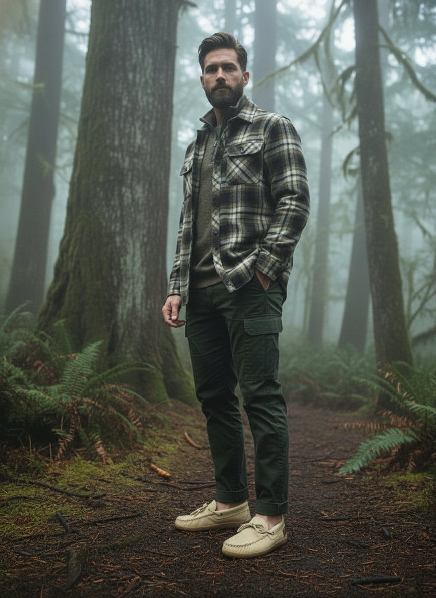 Man in plaid shirt and dark pants standing in a foggy forest