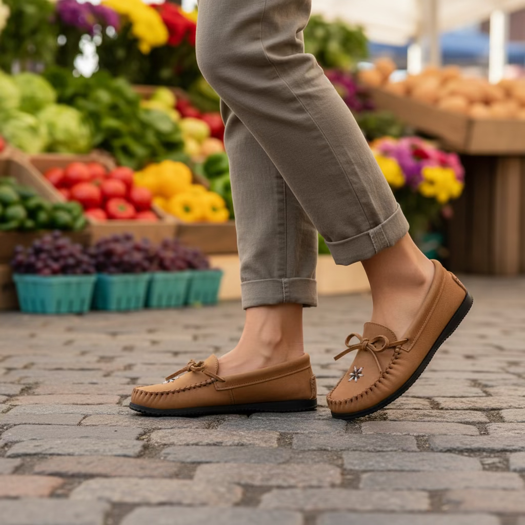 Brown moccasin shoe with a decorative flower on a white background