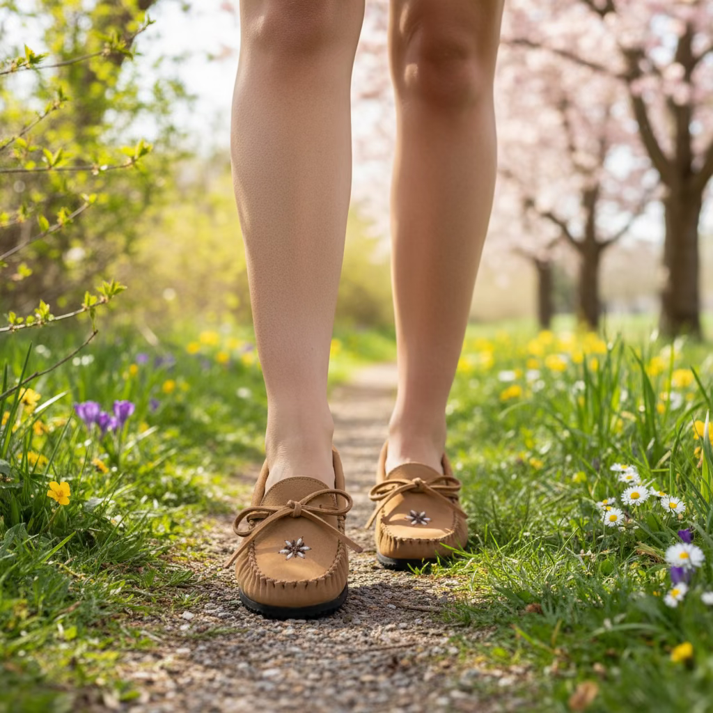 Brown moccasin shoe with a decorative element on a white background