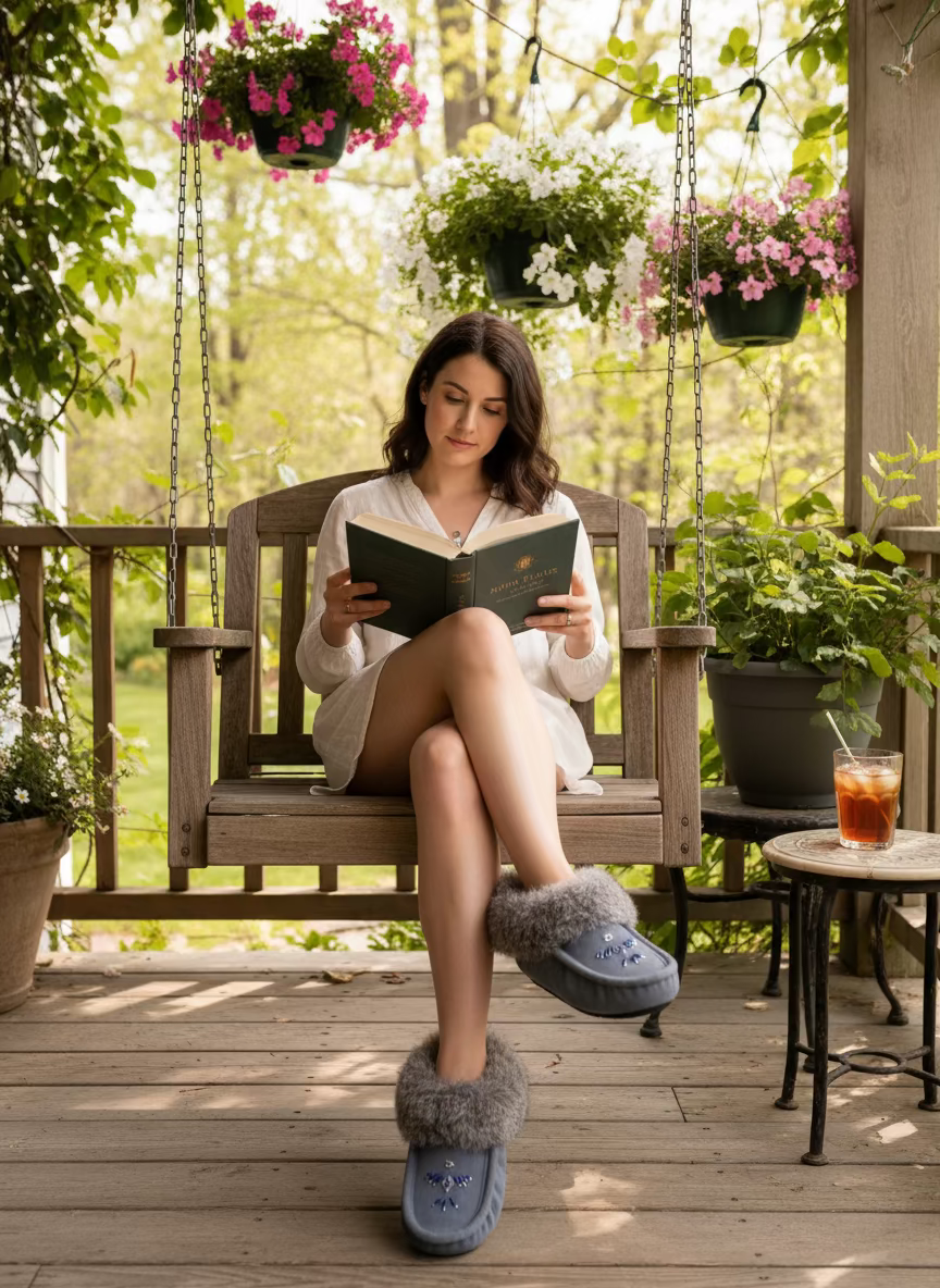 Gray slipper with fluffy fur collar on a light surface