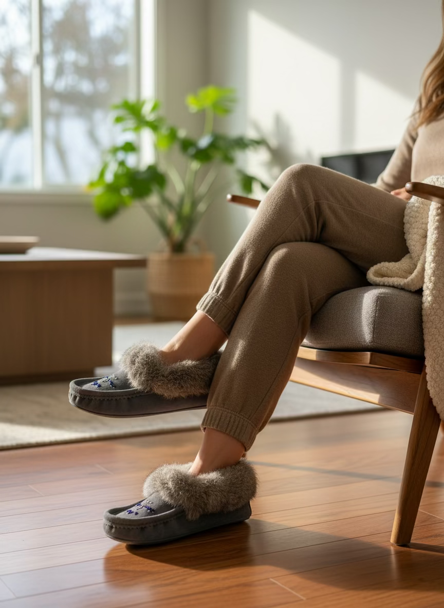 Person wearing fluffy slippers sitting on a chair in a cozy living room.