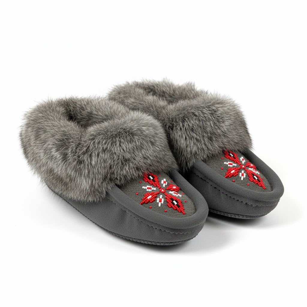 Pair of gray slippers with fur trim and red snowflake designs on a white background