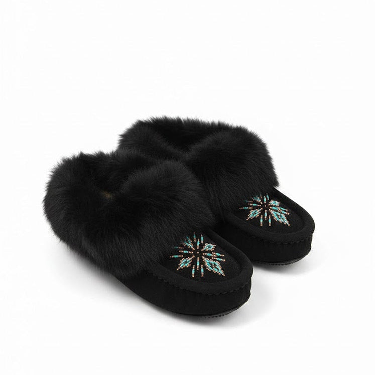 Black slippers with fur trim and bead embellishments on a white background