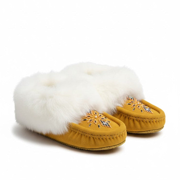 Mustard yellow slippers with white fur on a white background
