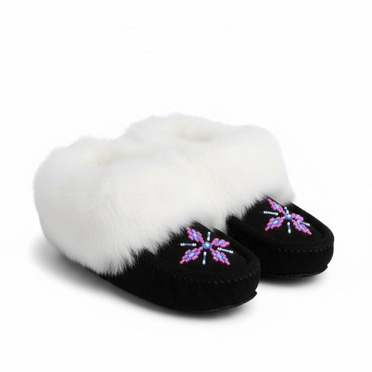 Pair of slippers with white fur lining and black soles on a white background