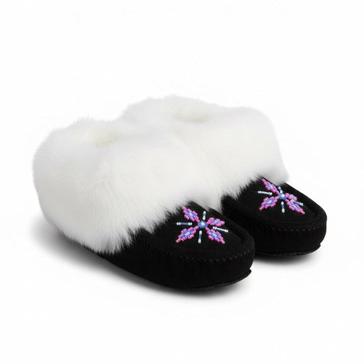 Pair of black slippers with white fur trim on a white background