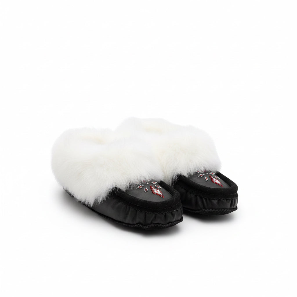 Pair of black slippers with white fur on a white background