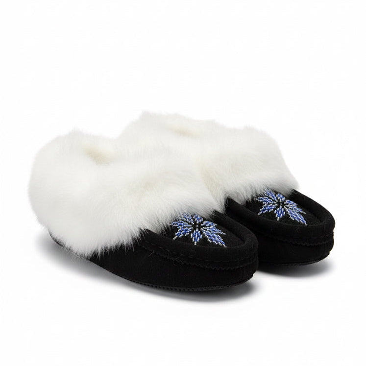 Pair of black slippers with white fur and floral design on a white background