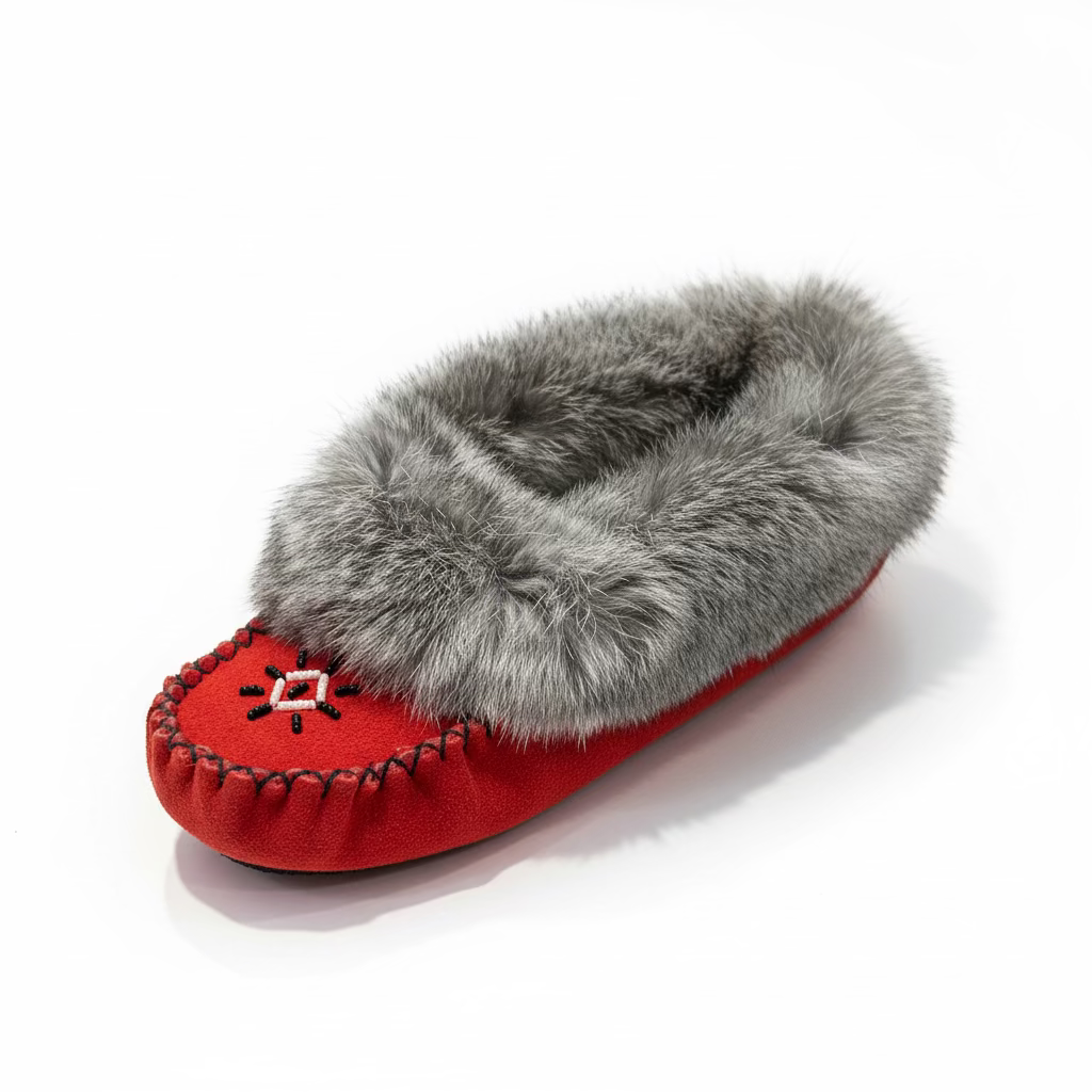 Women's Red Ruby Suede Moccasins With Grey Rabbit Fur Collar - Spirit Moccasins