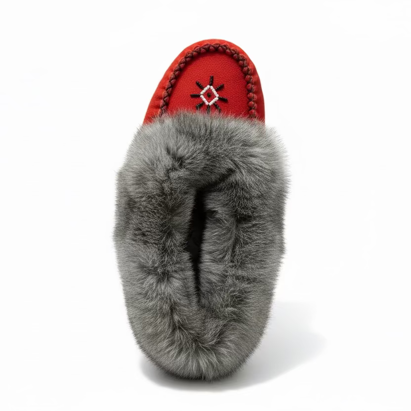Gray fur slipper with a red top on a white background