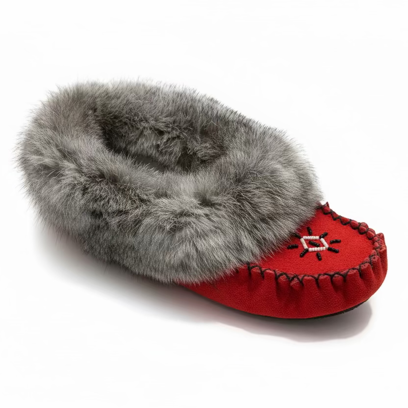 Women's Red Ruby Suede Moccasins With Grey Rabbit Fur Collar - Spirit Moccasins