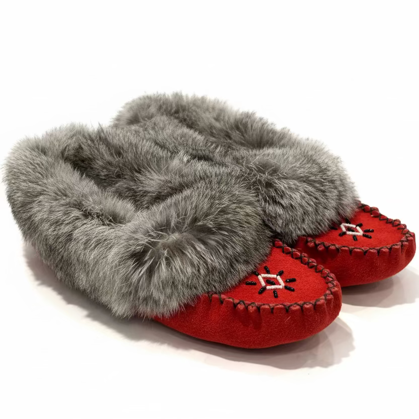 Red slippers with gray fur on a white background