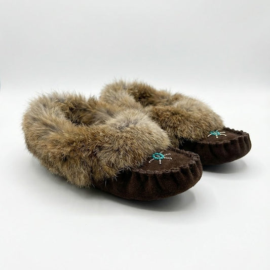 Pair of brown moccasin slippers with fur trim on a white background