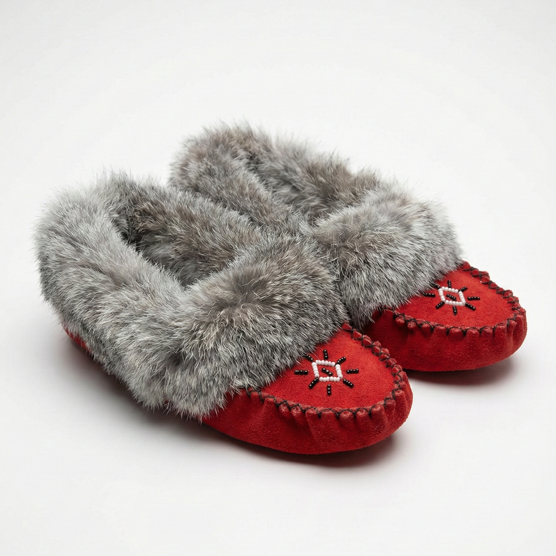 Red slippers with gray fur trim on a white background