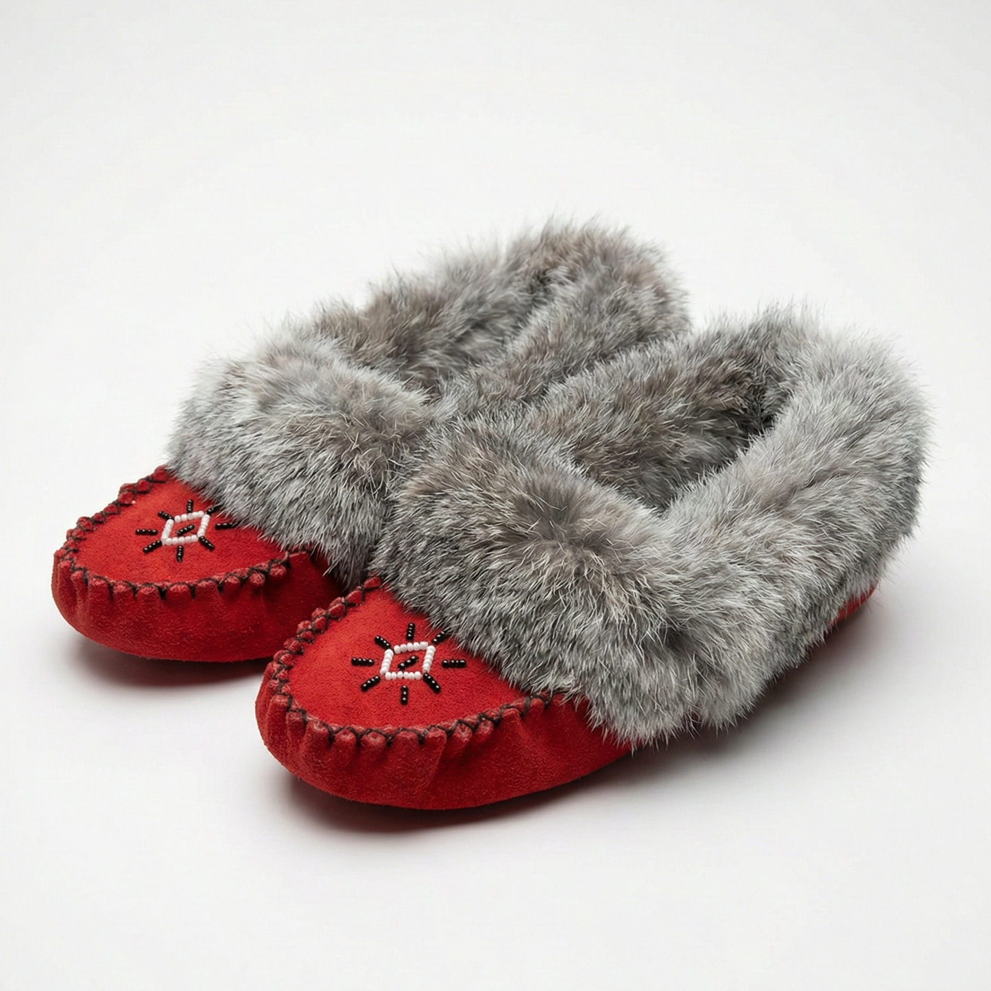 Red slippers with gray fur trim on a white background