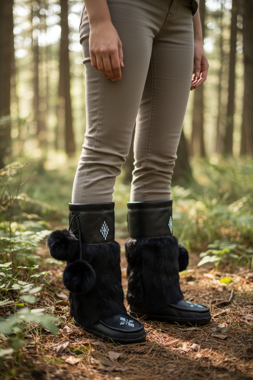 Black furry boot covers with pom-poms on a white background