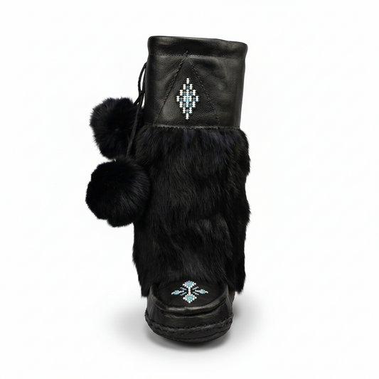 Great Plains Tall Mukluks In Black Leather and Black Rabbit Fur Beaded