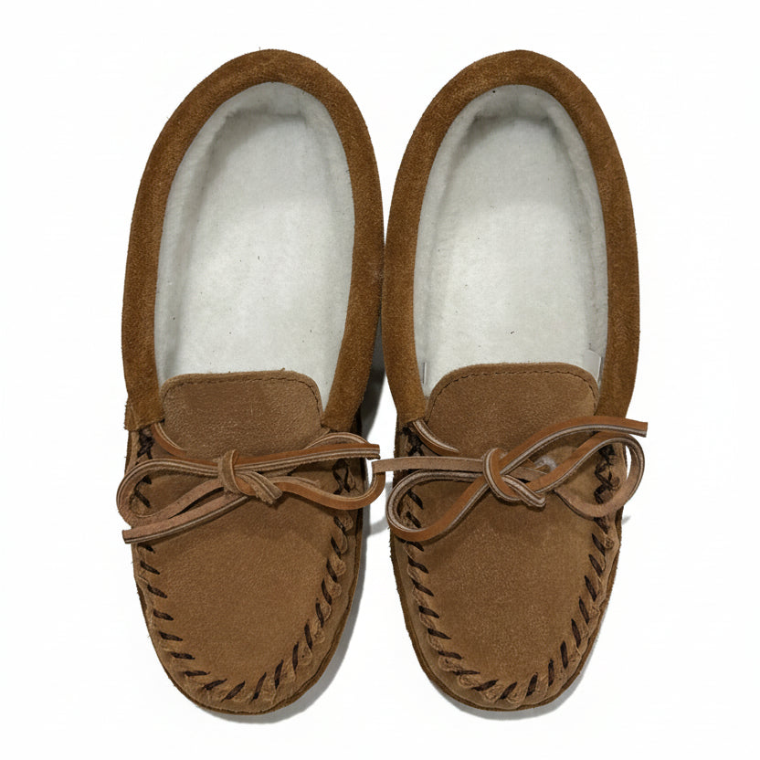 Pair of brown moccasin slippers on a light gray surface