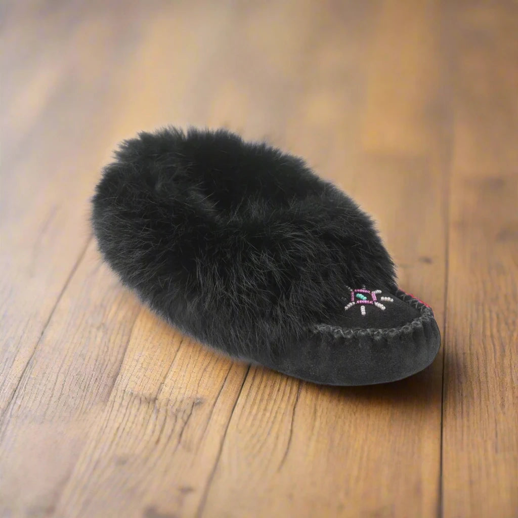 Women's Black Suede Beaded Moccasins With Rabbit Fur Trim - Special Order 2 -3 weeks