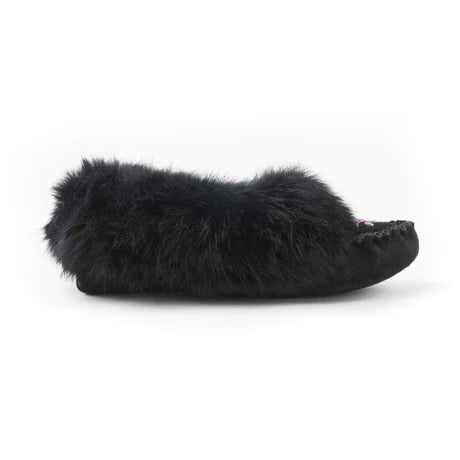 Women's Black Suede Beaded Moccasins With Rabbit Fur Trim - Special Order 2 -3 weeks