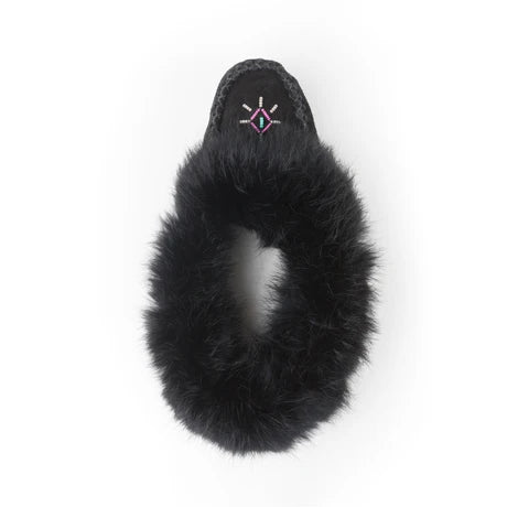 Women's Black Suede Beaded Moccasins With Rabbit Fur Trim - Special Order 2 -3 weeks