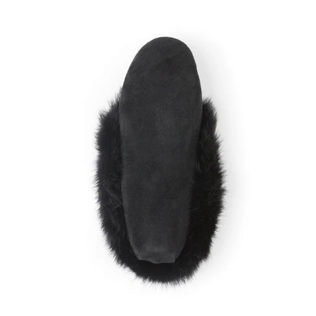 Women's Black Suede Beaded Moccasins With Rabbit Fur Trim - Special Order 2 -3 weeks