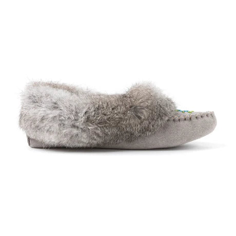 Women's Grey Suede Beaded Moccasins With Rabbit Fur Trim - Special Order 2 - 3 Weeks