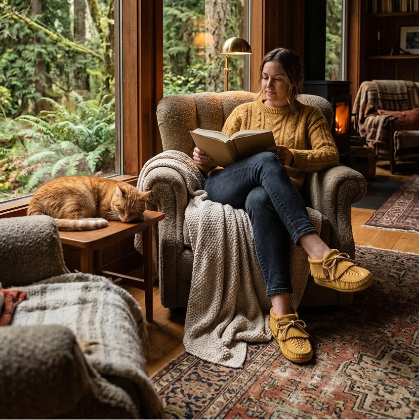 A woman sits in a cozy armchair by a large window, reading a book. An orange cat rests on a wooden table beside the window, and a forest view is visible outside. She is wearing laurentian chief moccasins. 
