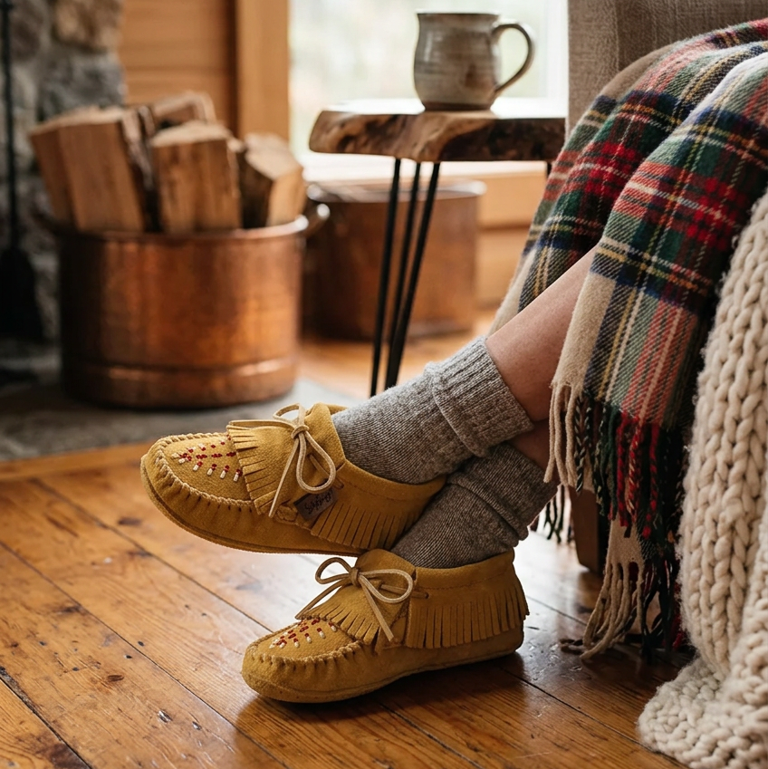 A pair of mustard yellow suede moccasins with fringed toes, decorative beadwork, and tan laces, shown on a clean white background.