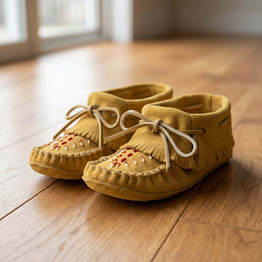 A pair of mustard yellow suede moccasins with fringed toes, decorative beadwork, and tan laces, shown on a clean white background.