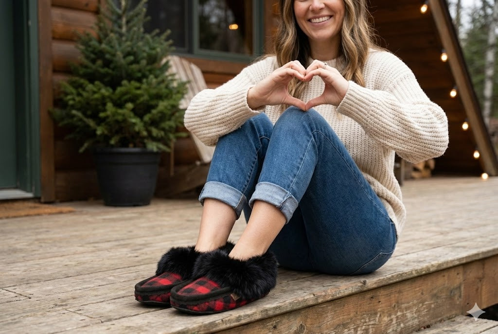 Women's Buffalo Plaid Black Rabbit Fur Collar Slippers with Fleece Lining