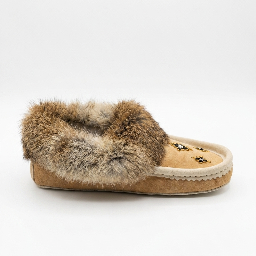 Beige sheepskin slipper with fur trim on a white background