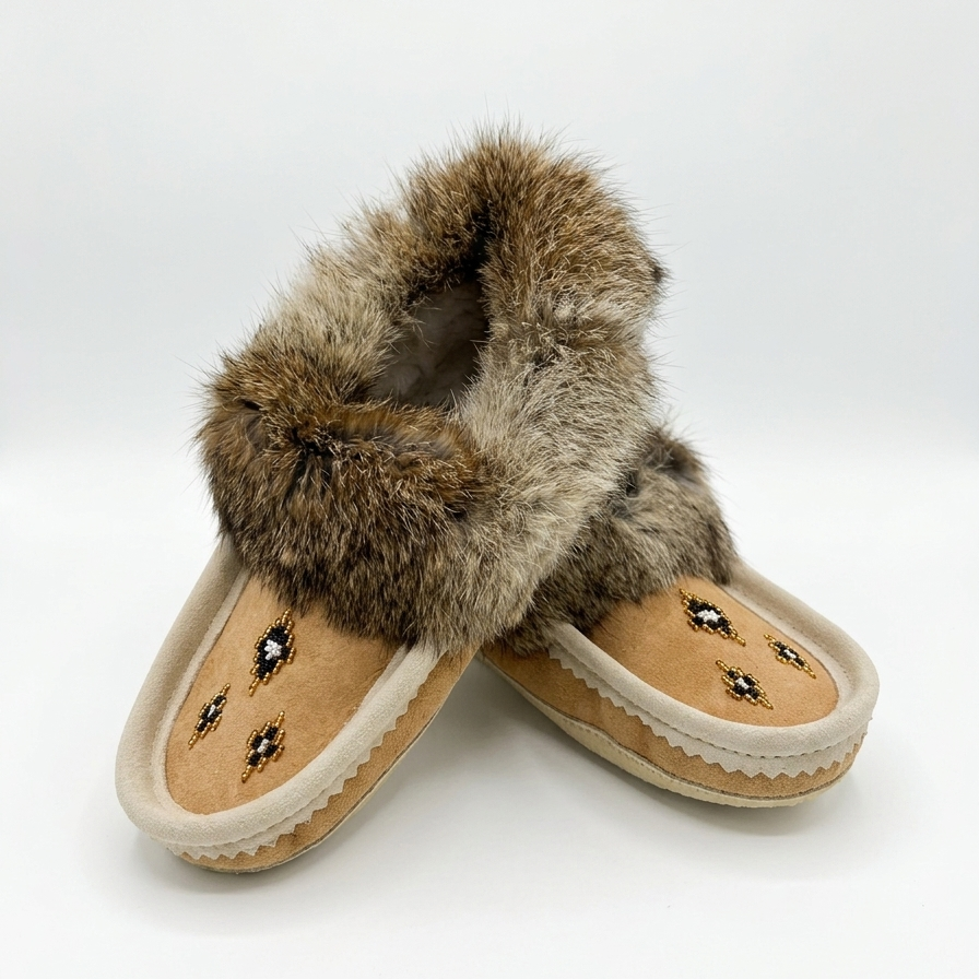 Pair of slippers with fur trim on a white background