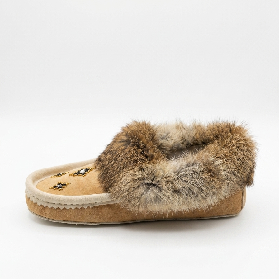 Beige slipper with fur trim on a white background
