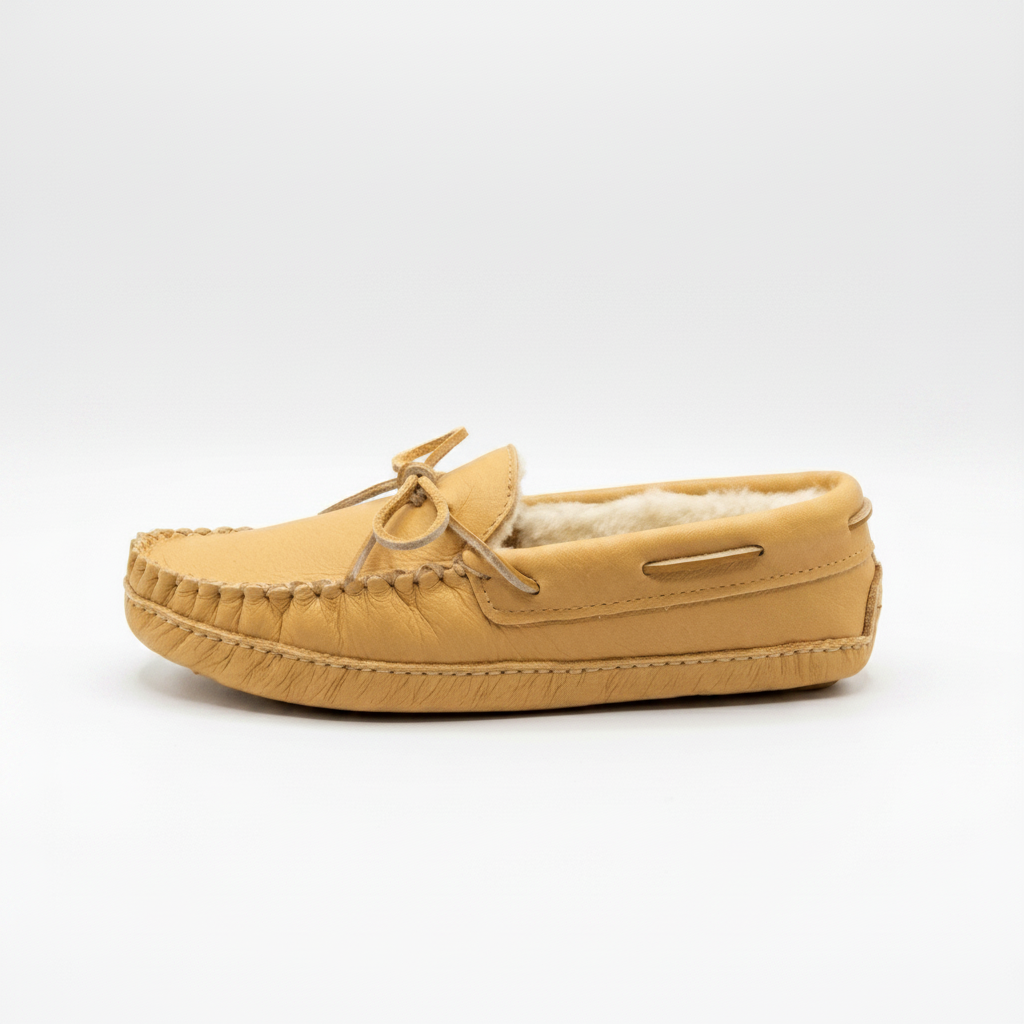 Yellow moccasin slipper with shearling lining on a white background